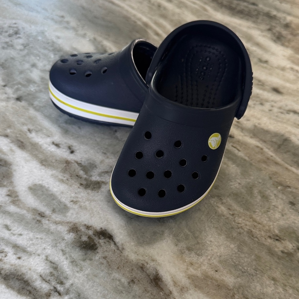 Toddler size 6  Navy Crocs with Yellow Stripe